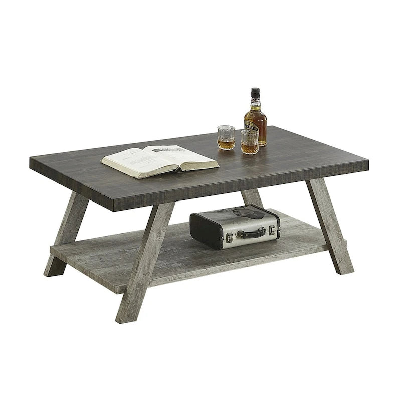 Moderner rechteckiger Couchtisch aus Holz mit unterem Ablageboden für das Wohnzimmer