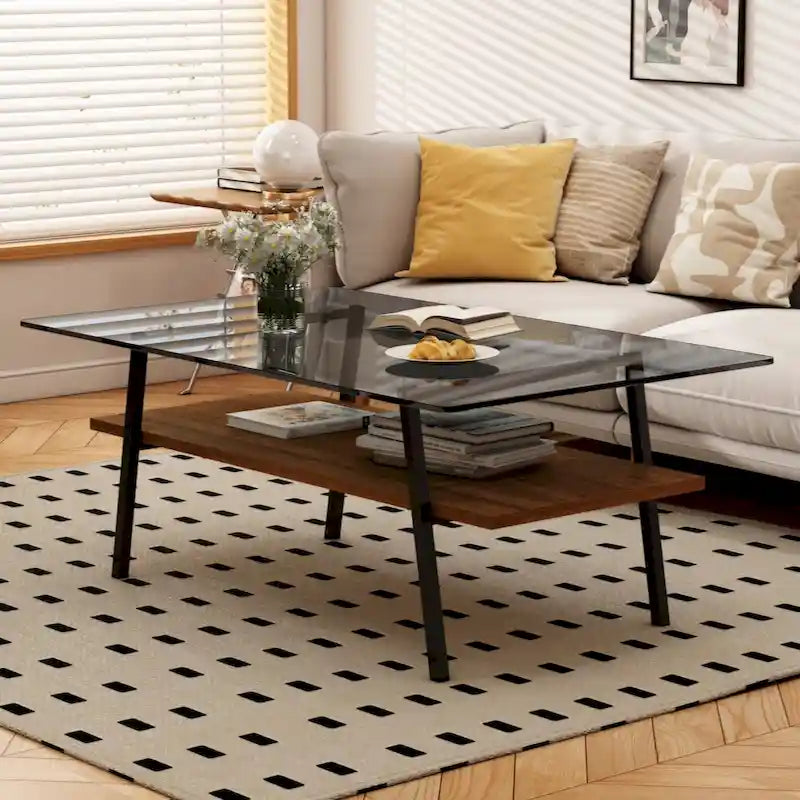 Rectangle Coffee Table Tempered Glass Tabletop with Metal Legs Modern Living Room