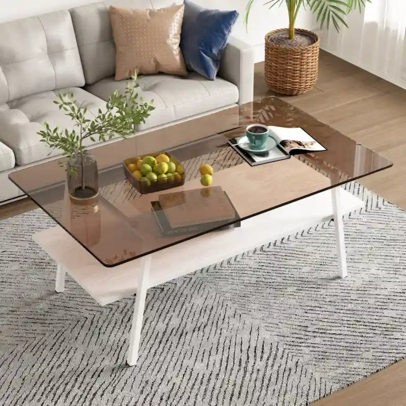 Rectangle Coffee Table Tempered Glass Tabletop with Metal Legs Modern Living Room