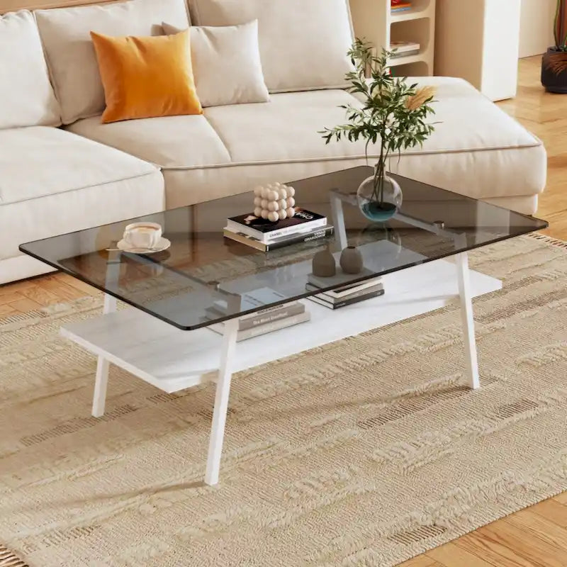 Rectangle Coffee Table Tempered Glass Tabletop with Metal Legs Modern Living Room