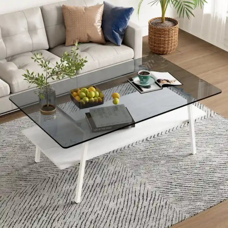 Rectangle Coffee Table Tempered Glass Tabletop with Metal Legs Modern Living Room