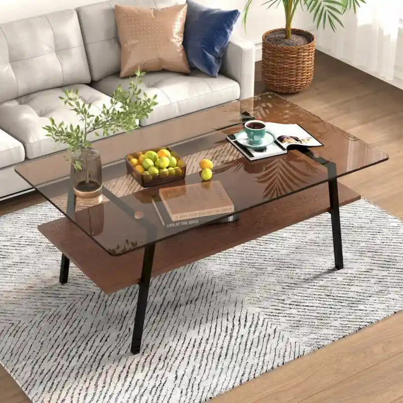 Rectangle Coffee Table Tempered Glass Tabletop with Metal Legs Modern Living Room