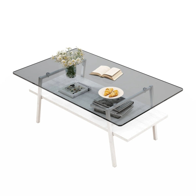 Rectangle Coffee Table Tempered Glass Tabletop with Metal Legs Modern Living Room