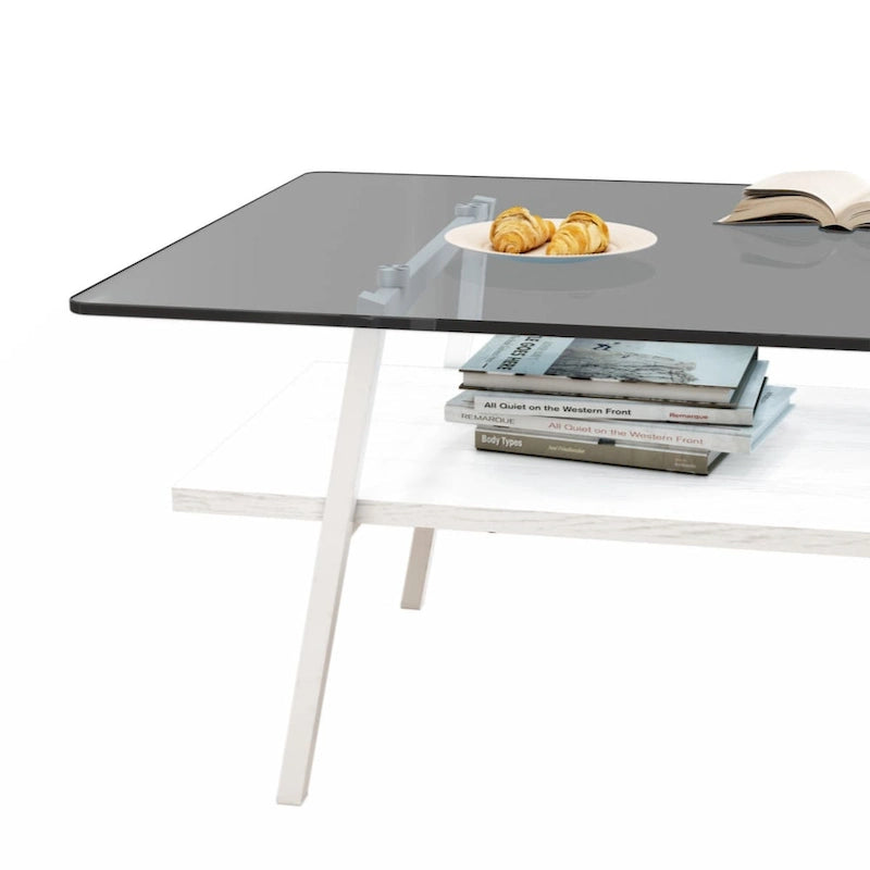 Rectangle Coffee Table Tempered Glass Tabletop with Metal Legs Modern Living Room