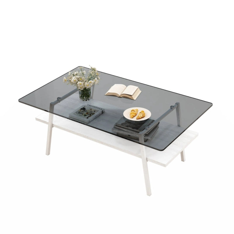 Rectangle Coffee Table Tempered Glass Tabletop with Metal Legs Modern Living Room