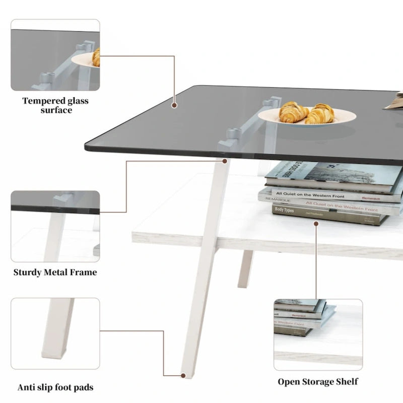 Rectangle Coffee Table Tempered Glass Tabletop with Metal Legs Modern Living Room