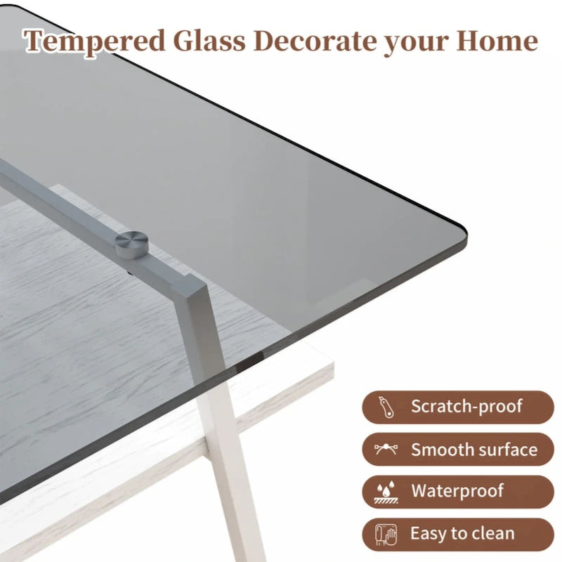 Rectangle Coffee Table Tempered Glass Tabletop with Metal Legs Modern Living Room