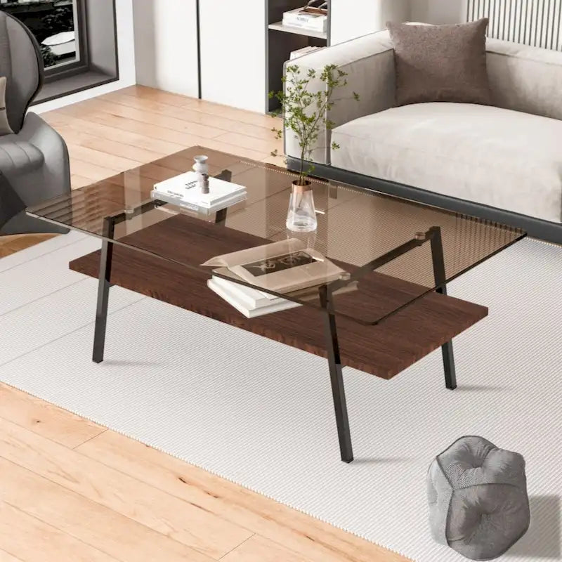 Rectangle Coffee Table Tempered Glass Tabletop with Metal Legs Modern Living Room