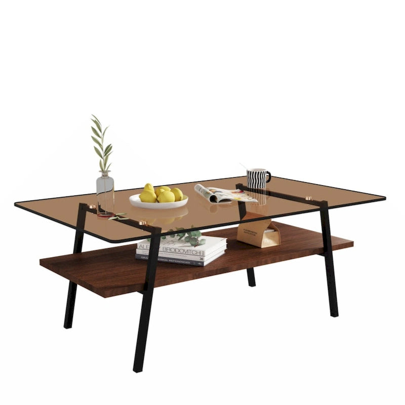 Rectangle Coffee Table Tempered Glass Tabletop with Metal Legs Modern Living Room