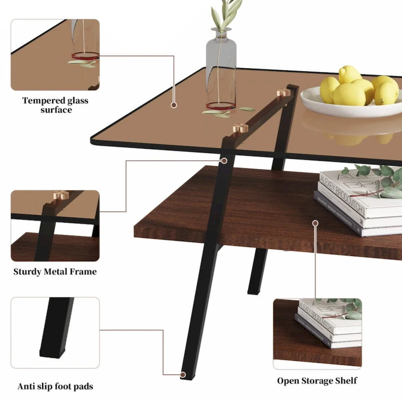 Rectangle Coffee Table Tempered Glass Tabletop with Metal Legs Modern Living Room