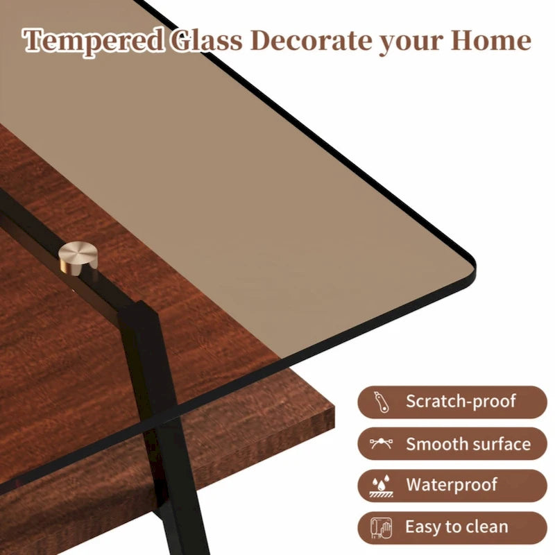 Rectangle Coffee Table Tempered Glass Tabletop with Metal Legs Modern Living Room