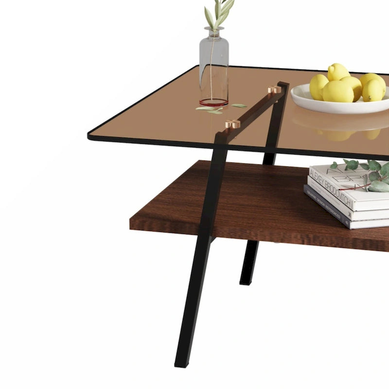 Rectangle Coffee Table Tempered Glass Tabletop with Metal Legs Modern Living Room
