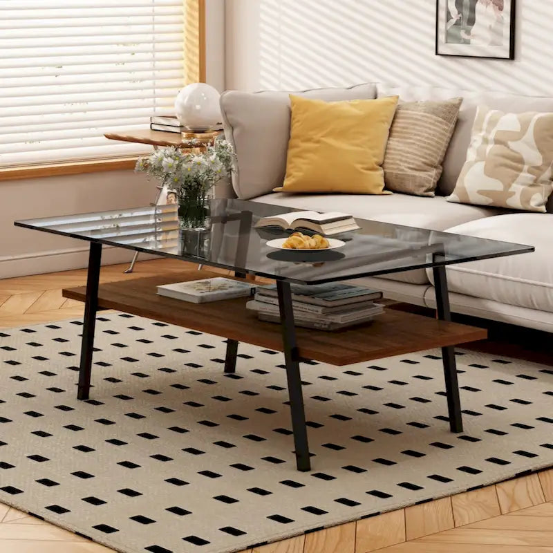 Rectangle Coffee Table Tempered Glass Tabletop with Metal Legs Modern Living Room
