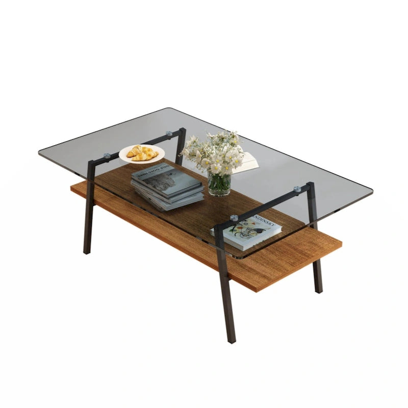 Rectangle Coffee Table Tempered Glass Tabletop with Metal Legs Modern Living Room