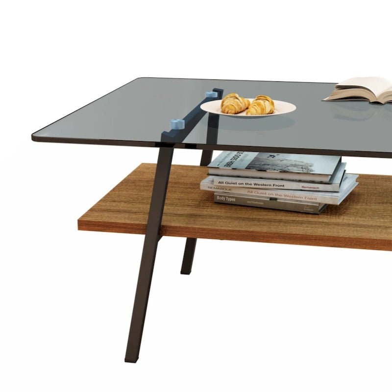 Rectangle Coffee Table Tempered Glass Tabletop with Metal Legs Modern Living Room
