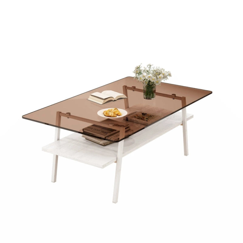 Rectangle Coffee Table Tempered Glass Tabletop with Metal Legs Modern Living Room