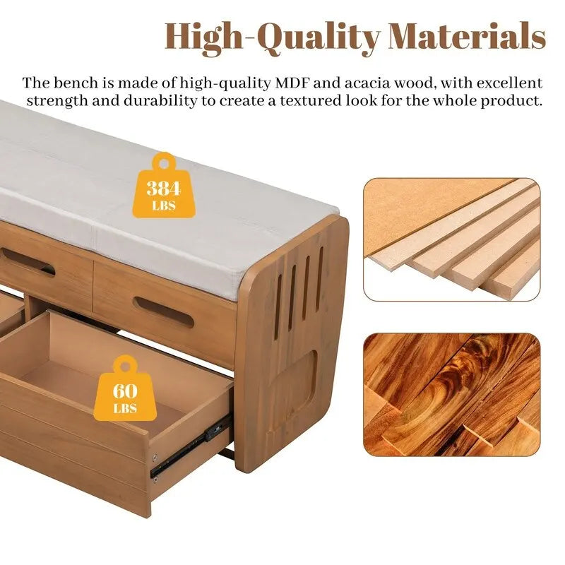 Rustic Storage Bench with 2 Drawers and Hidden Storage Space