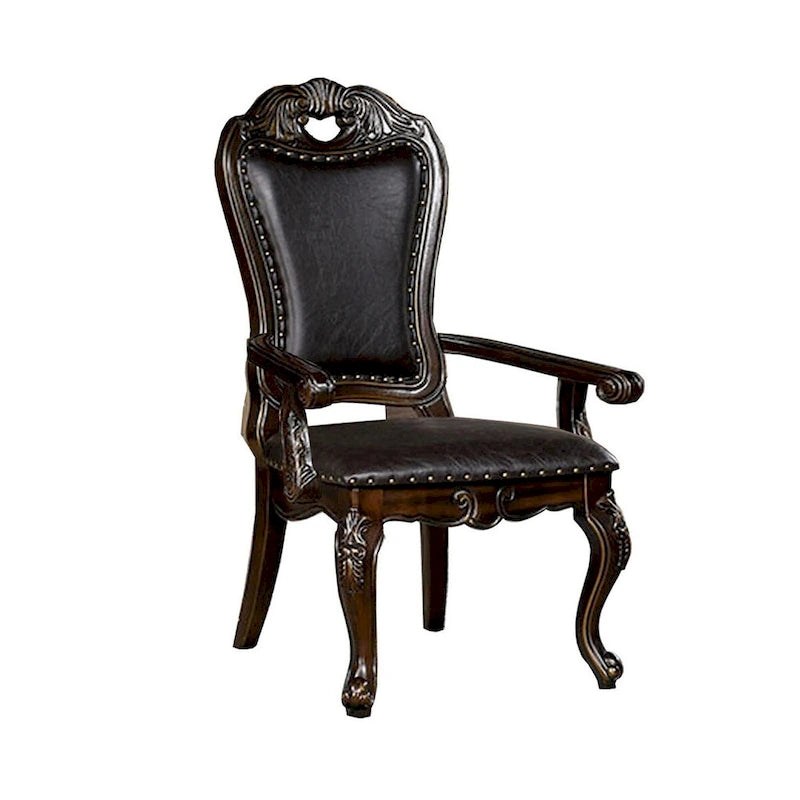 29 Inch Carved Traditional Dining Armchair Set of 2 Brown Faux Leather