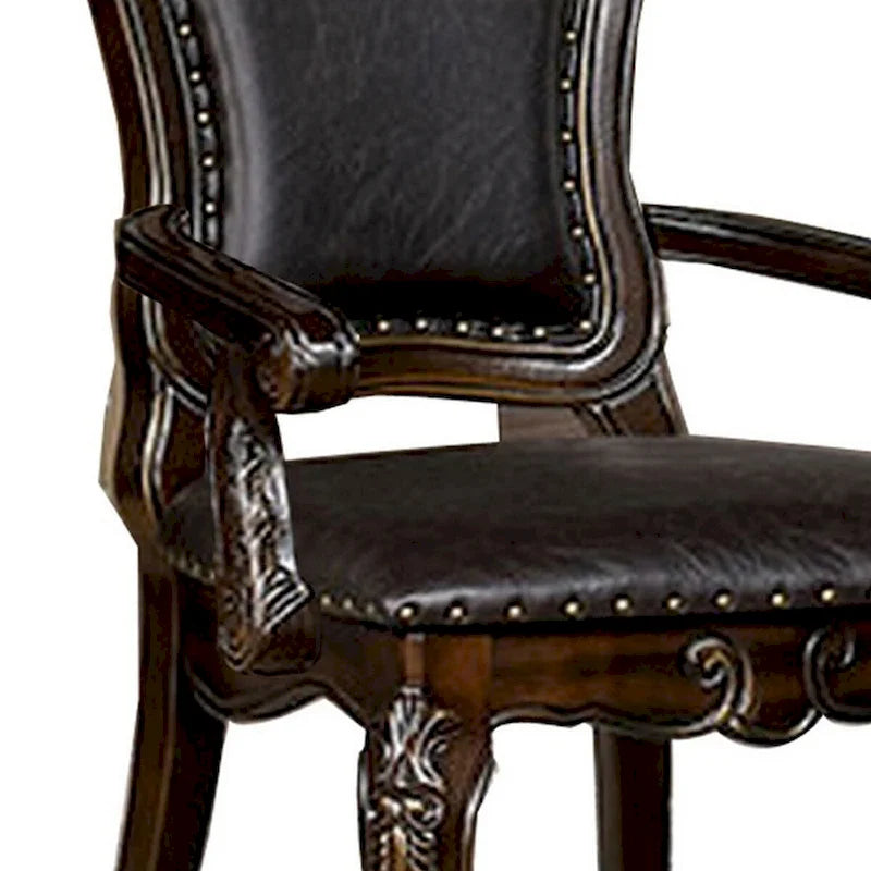 29 Inch Carved Traditional Dining Armchair Set of 2 Brown Faux Leather