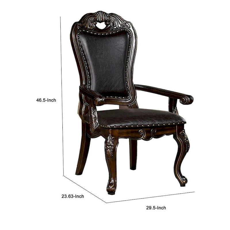 29 Inch Carved Traditional Dining Armchair Set of 2 Brown Faux Leather