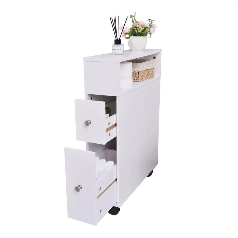 Slim Bathroom Storage Cabinet with Drawers and Open Shelf, White