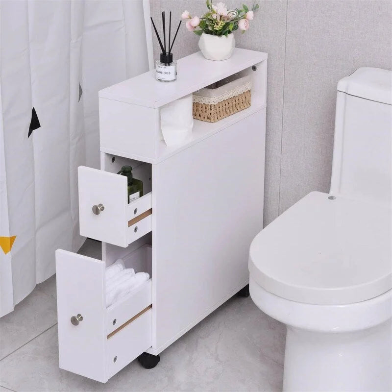 Slim Bathroom Storage Cabinet with Drawers and Open Shelf, White