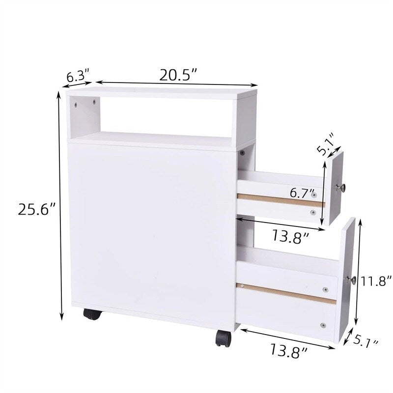 Slim Bathroom Storage Cabinet with Drawers and Open Shelf, White