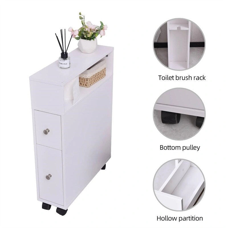 Slim Bathroom Storage Cabinet with Drawers and Open Shelf, White