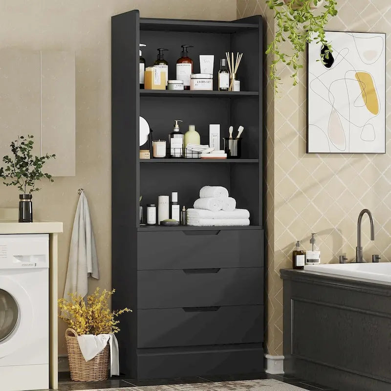 Kitchen Storage Cabinet Bookcase with 3 Drawers and Open Shelves