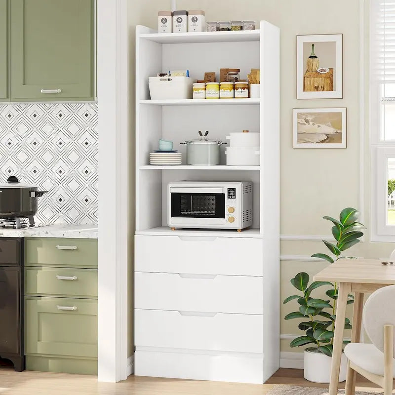 Kitchen Storage Cabinet Bookcase with 3 Drawers and Open Shelves