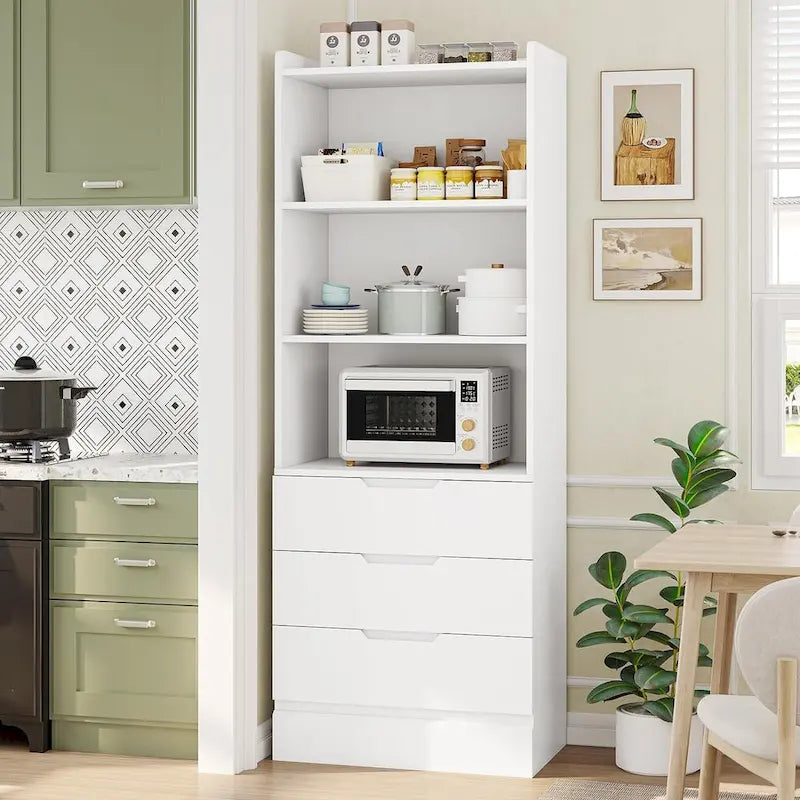 Kitchen Storage Cabinet Bookcase with 3 Drawers and Open Shelves