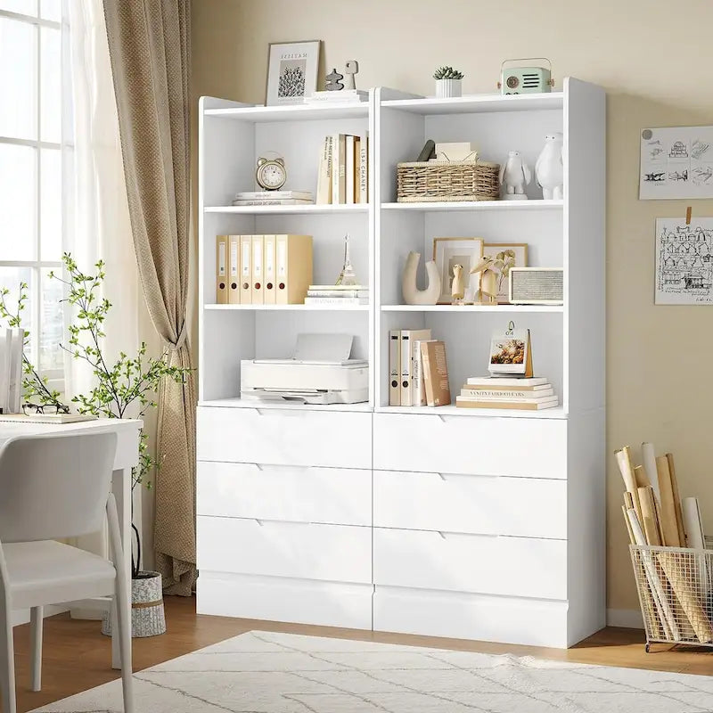 Kitchen Storage Cabinet Bookcase with 3 Drawers and Open Shelves