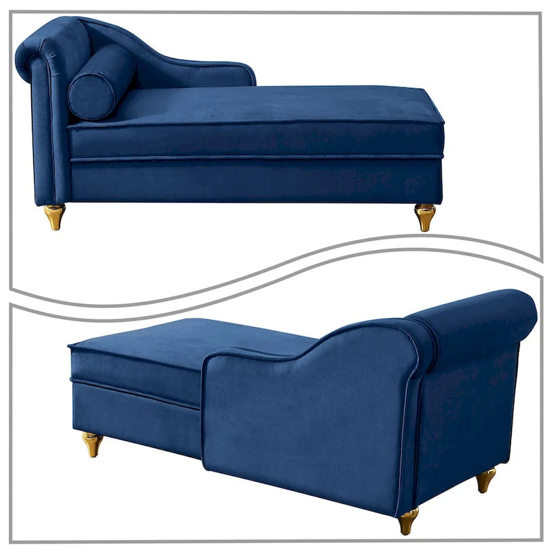 Elegante chaise longue francesa tapizada en terciopelo, con almacenamiento y almohada