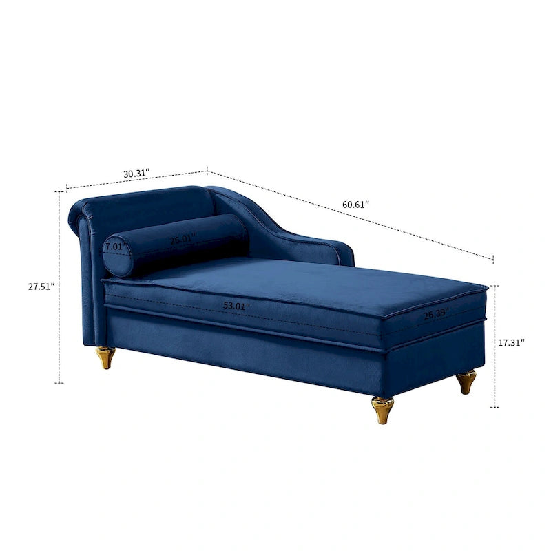 Elegante chaise longue francesa tapizada en terciopelo, con almacenamiento y almohada