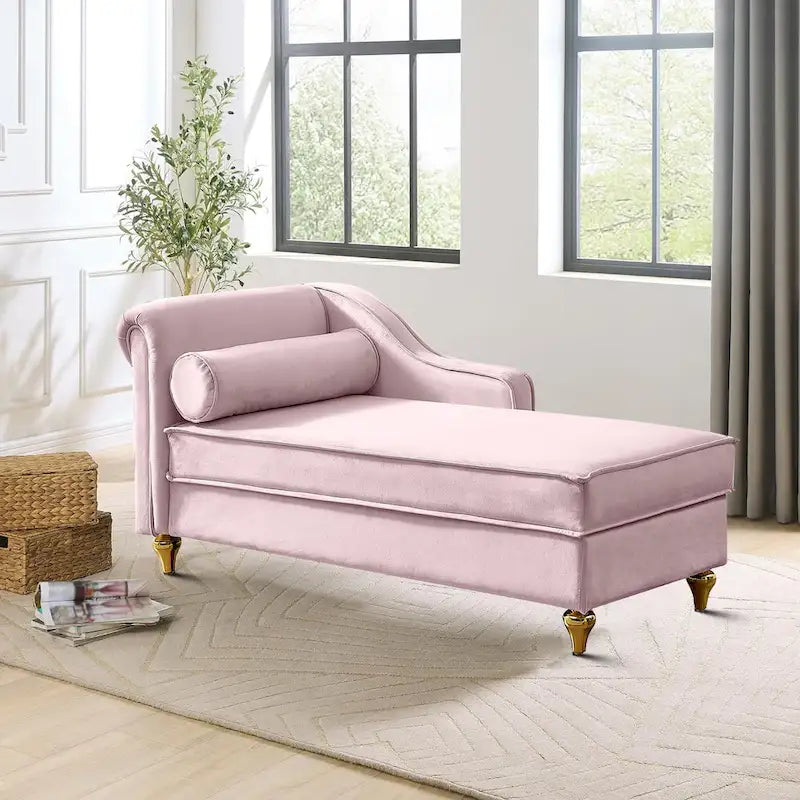 Elegante chaise longue francesa tapizada en terciopelo, con almacenamiento y almohada
