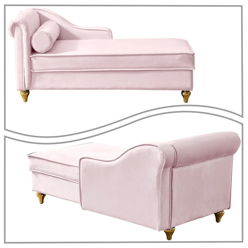 Elegante chaise longue francesa tapizada en terciopelo, con almacenamiento y almohada