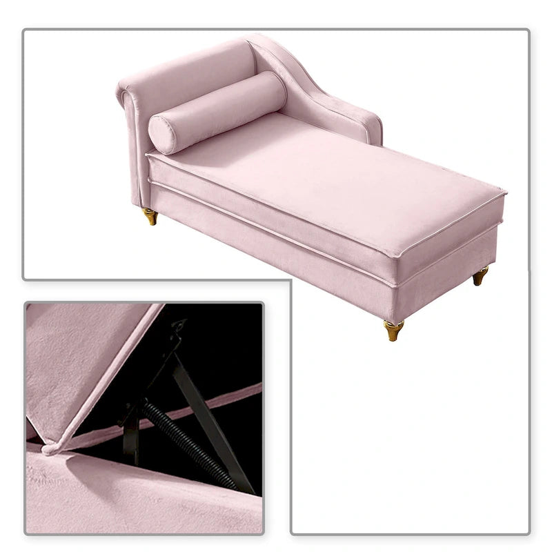 Elegante chaise longue francesa tapizada en terciopelo, con almacenamiento y almohada