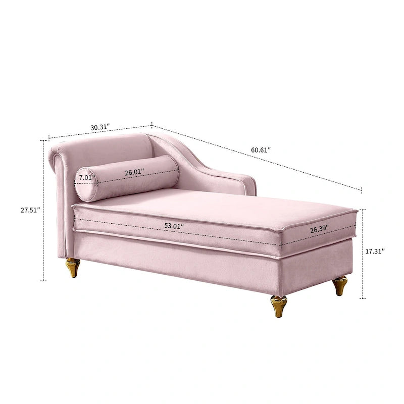 Elegante chaise longue francesa tapizada en terciopelo, con almacenamiento y almohada