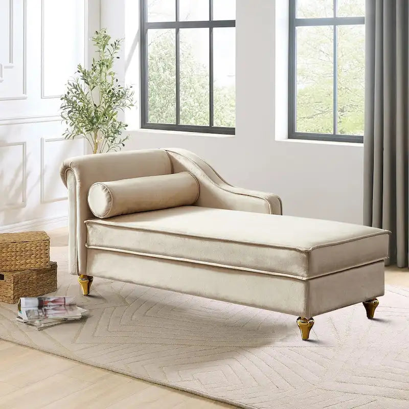 Elegante chaise longue francesa tapizada en terciopelo, con almacenamiento y almohada