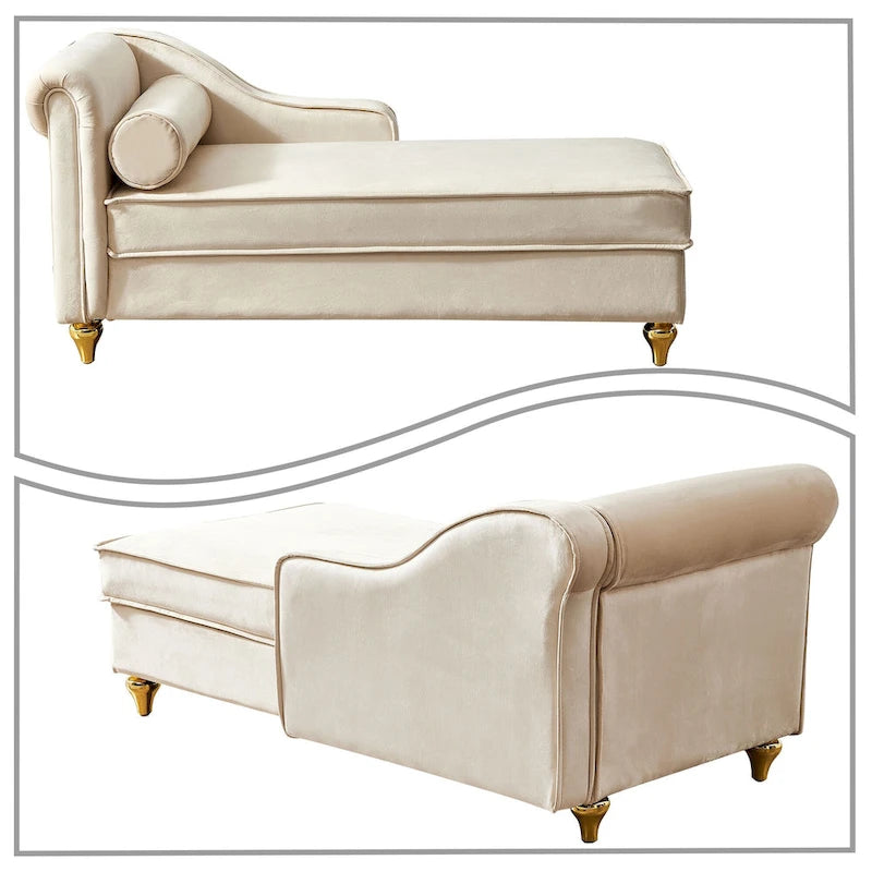 Elegante chaise longue francesa tapizada en terciopelo, con almacenamiento y almohada