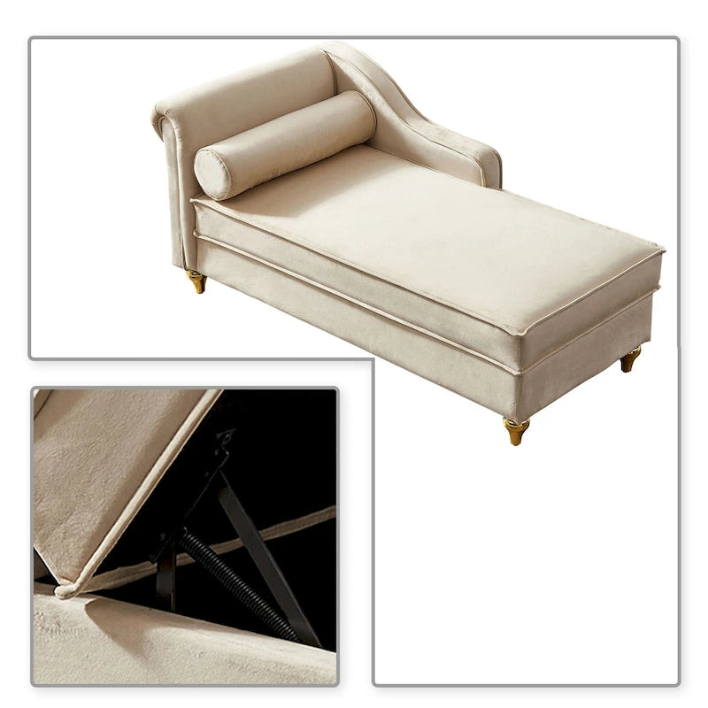 Elegante chaise longue francesa tapizada en terciopelo, con almacenamiento y almohada
