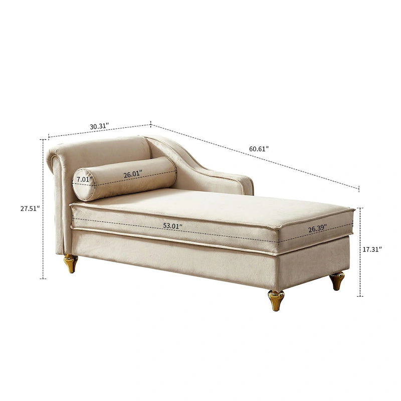 Elegante chaise longue francesa tapizada en terciopelo, con almacenamiento y almohada