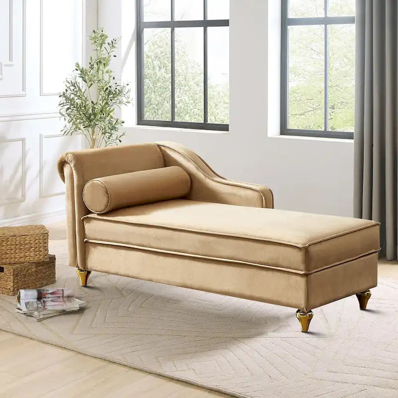 Elegante chaise longue francesa tapizada en terciopelo, con almacenamiento y almohada