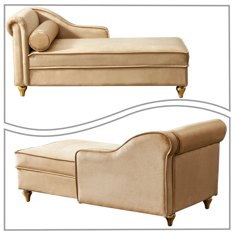 Elegante chaise longue francesa tapizada en terciopelo, con almacenamiento y almohada