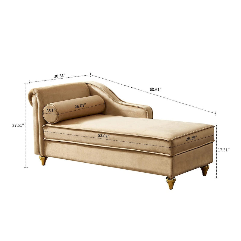 Elegante chaise longue francesa tapizada en terciopelo, con almacenamiento y almohada