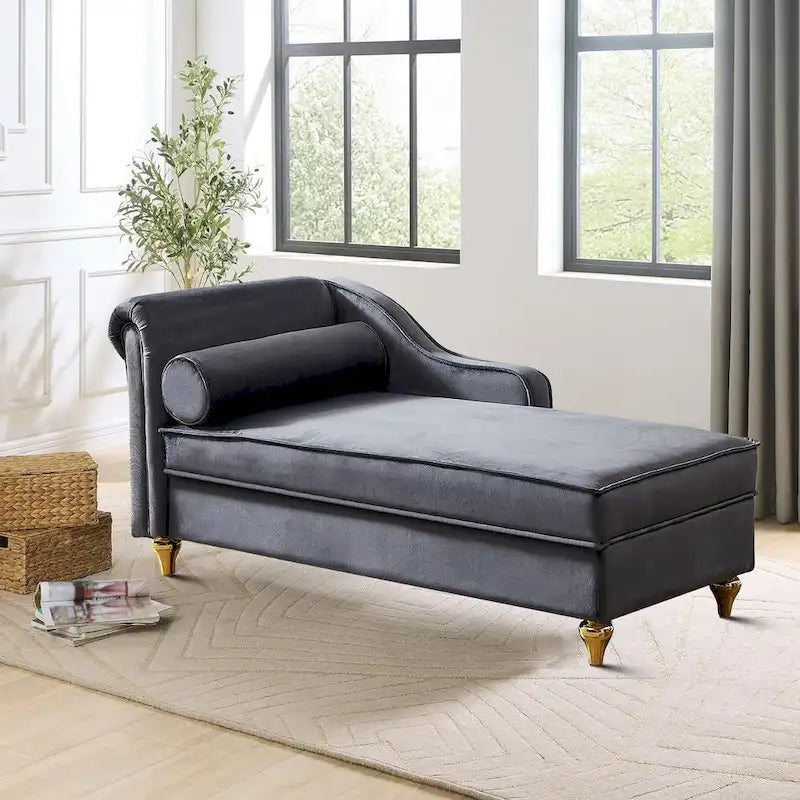 Elegante chaise longue francesa tapizada en terciopelo, con almacenamiento y almohada