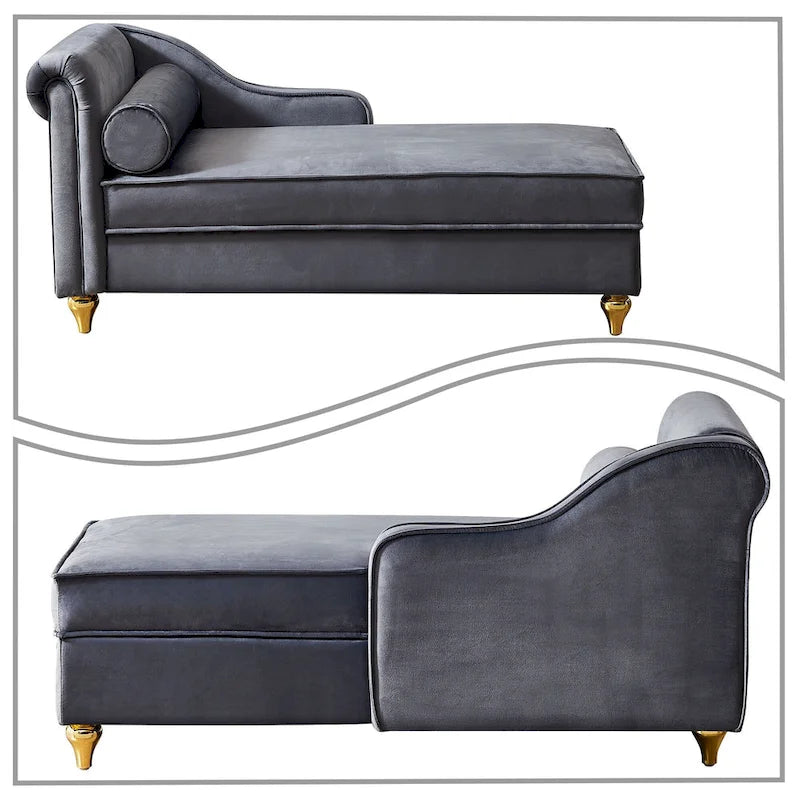 Elegante chaise longue francesa tapizada en terciopelo, con almacenamiento y almohada