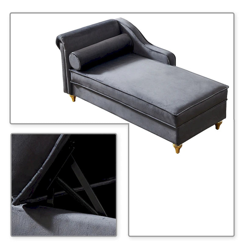 Elegante chaise longue francesa tapizada en terciopelo, con almacenamiento y almohada