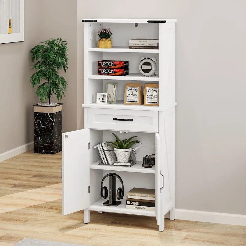 58 Inch Tall Bathroom Storage Cabinet with Open Shelves and Drawer