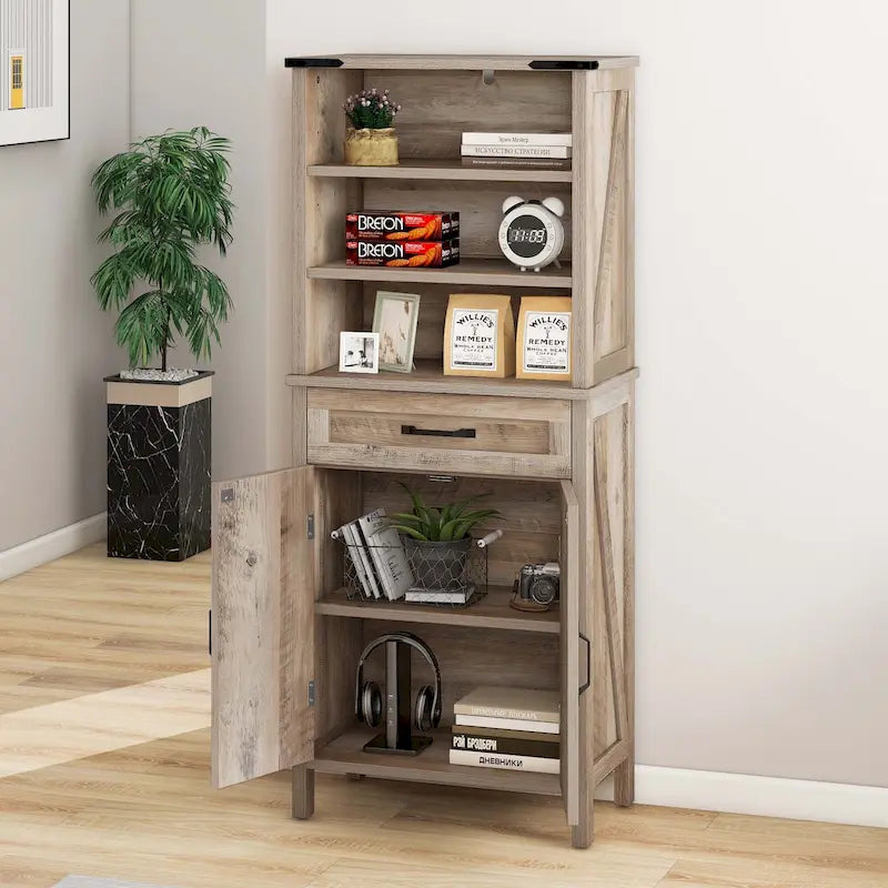 58 Inch Tall Bathroom Storage Cabinet with Open Shelves and Drawer